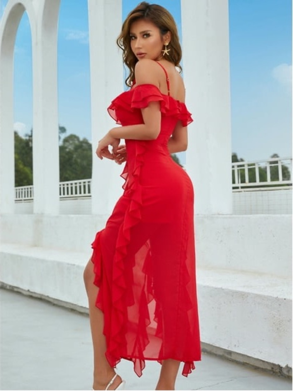 Eilly Bazar Ruched Off-Shoulder Red High-Low Ruffle Dress size small - Picture 3 of 13